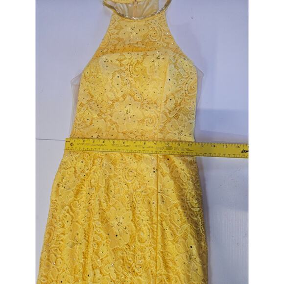 Sherri Hill Yellow Lace Ball Gown Prom Dress Long Slit Halter Neck Size 6 3973 - Picture 11 of 14